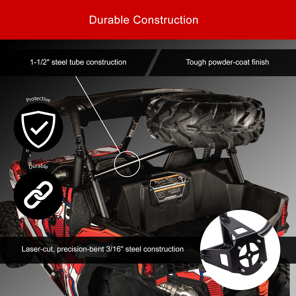 A red and black off-road utility vehicle shown with marketing text and callouts about durable construction, including a large spare tire, roll bar, cargo bed, and inset detail of a steel mounting bracket.