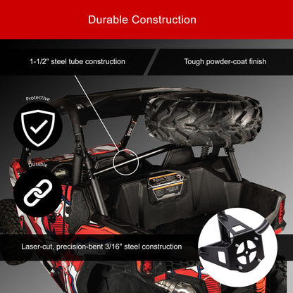 A red and black off-road utility vehicle shown with marketing text and callouts about durable construction, including a large spare tire, roll bar, cargo bed, and inset detail of a steel mounting bracket.