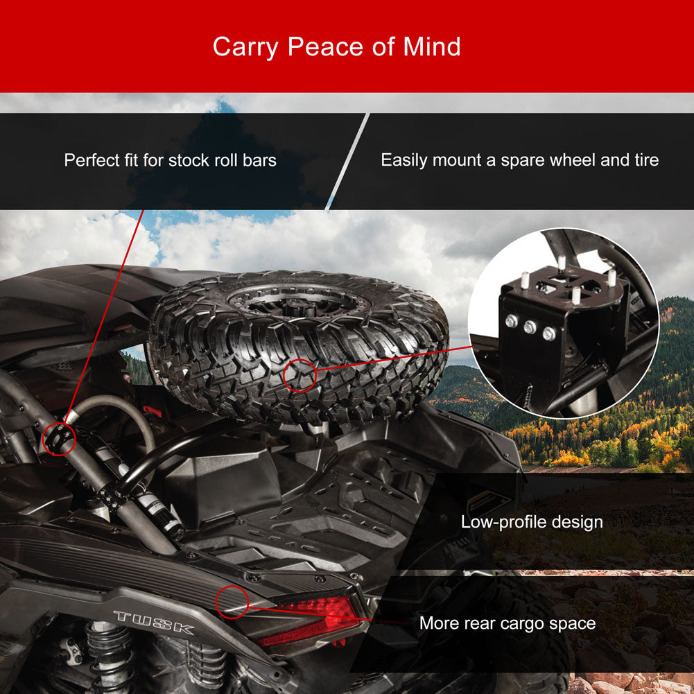 A black low-profile tire carrier mount shown installed on the rear of a black off-road vehicle, with text callouts and an inset close-up. The image includes marketing text such as 'Carry Peace of Mind,' 'Perfect fit for stock roll bars,' 'Easily mount a spare wheel and tire,' 'Low-profile design,' and 'More rear cargo space.