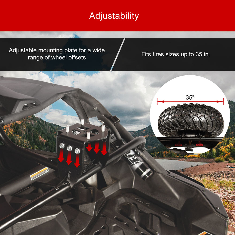 Adjustability feature graphic for an off-road vehicle mounting system, showing a black adjustable bracket mounted on a vehicle roll cage with red arrows indicating adjustability, plus text stating it fits tires up to 35 inches and a circular inset showing a 35-inch tire.