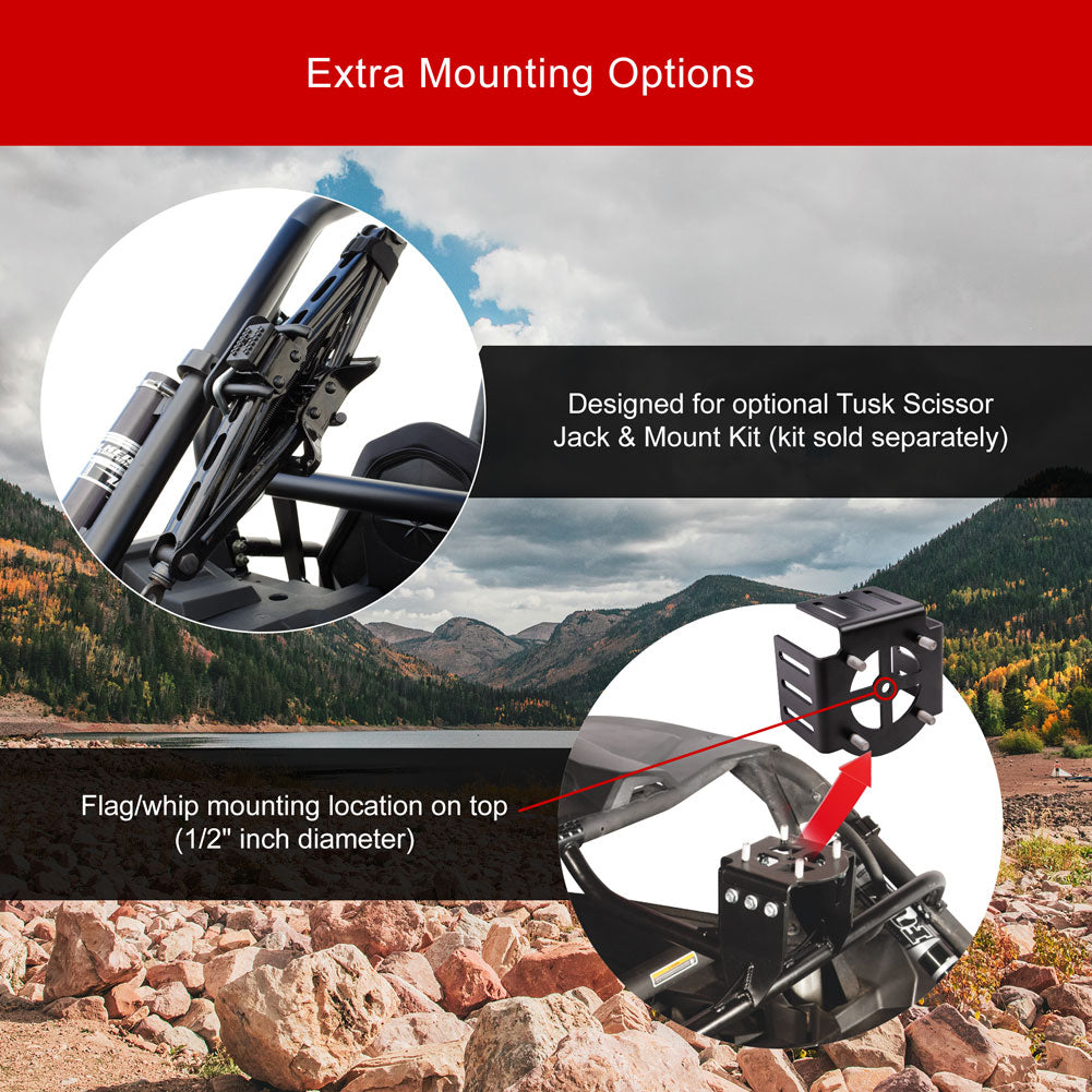 Promotional graphic for an extra mounting option for a vehicle flag or whip, showing two circular inset close-ups of the black mounting bracket installed on a vehicle frame, with text explaining compatibility with a Tusk Scissor Jack & Mount Kit and a 1/2 inch diameter mounting location, set against a mountain landscape background.