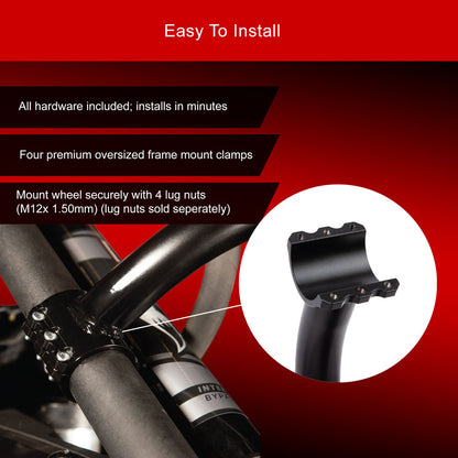 Black bicycle frame wheel mount clamp shown installed on a bike fork with text overlays explaining easy installation and included hardware, plus a circular inset showing the clamp detail.