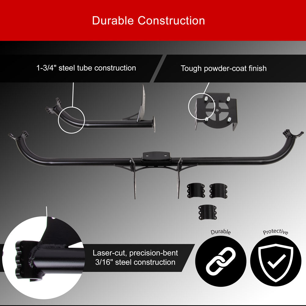 Black steel hitch receiver and mounting hardware set with text callouts and icons emphasizing durable construction, powder-coat finish, laser-cut precision, and protective quality on a gray gradient background.