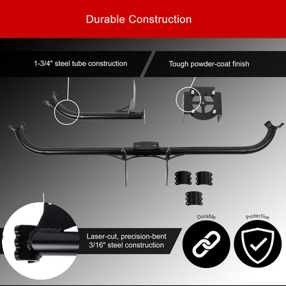 Black steel hitch receiver and mounting hardware set with text callouts and icons emphasizing durable construction, powder-coat finish, laser-cut precision, and protective quality on a gray gradient background.