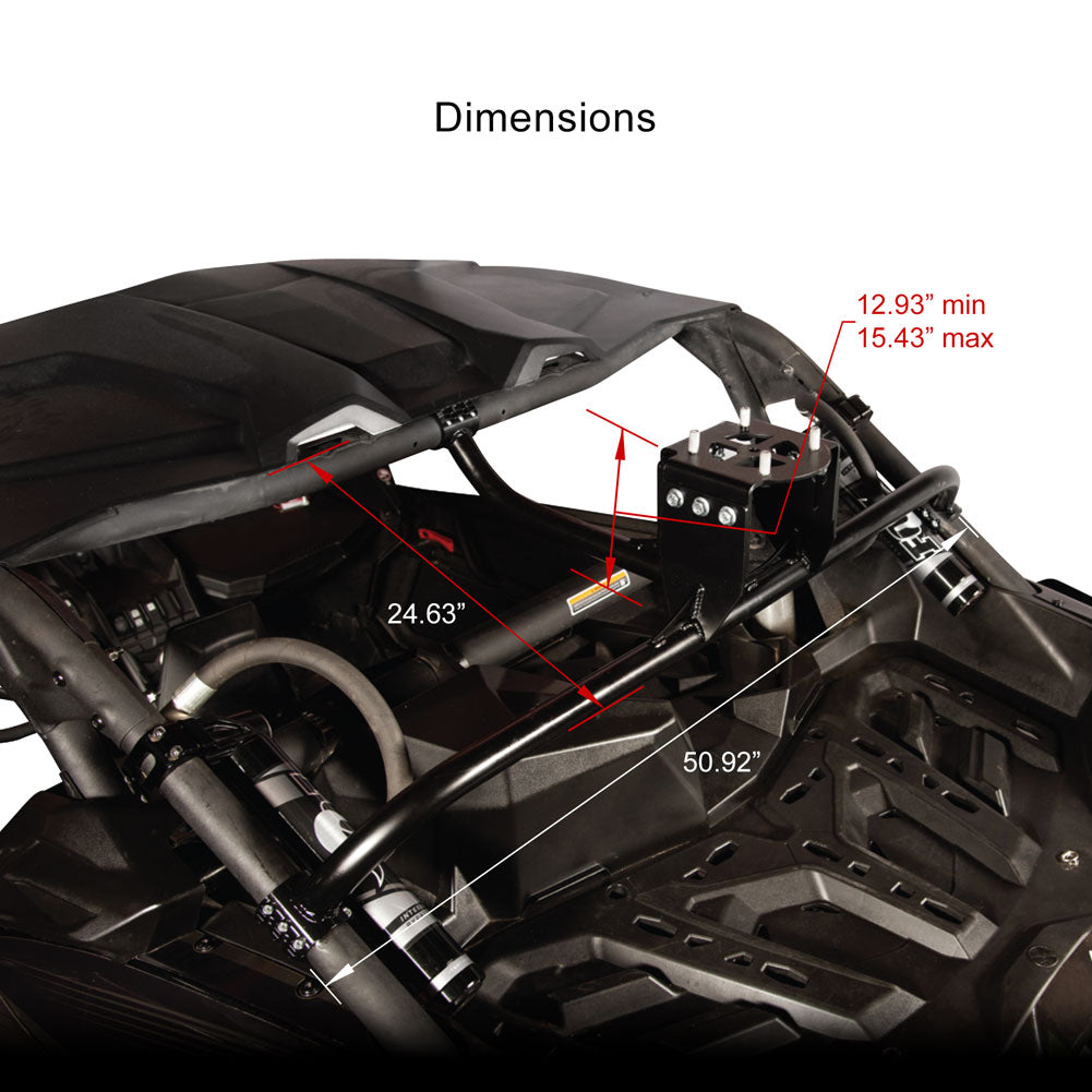 A black off-road vehicle interior with measurement annotations showing dimensions such as 24.63 inches, 50.