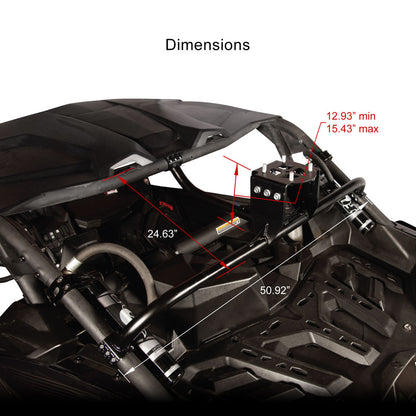 A black off-road vehicle interior with measurement annotations showing dimensions such as 24.63 inches, 50.