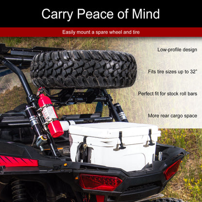A spare tire and tire cover mounted on the rear rack of a black off-road vehicle, with a white cooler in front and outdoor grass visible in the background. Text overlays describe the product features and compatibility.