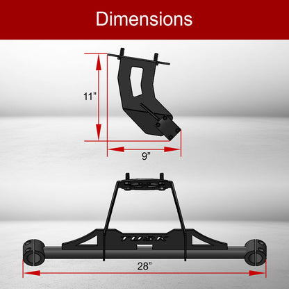 A dimension diagram showing a black metal mounting bracket and frame with red measurement arrows and labels: 11 inches height, 9 inches width, and 28 inches overall width, under a red header that says Dimensions.