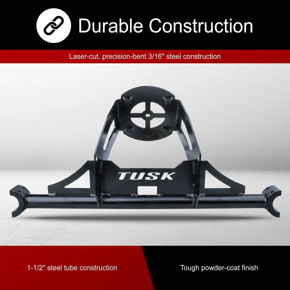 A black metal TUSK rack or frame component shown on a clean studio background with marketing text banners at the top and bottom. The product appears to be a heavy-duty steel rack with the TUSK logo on the front.