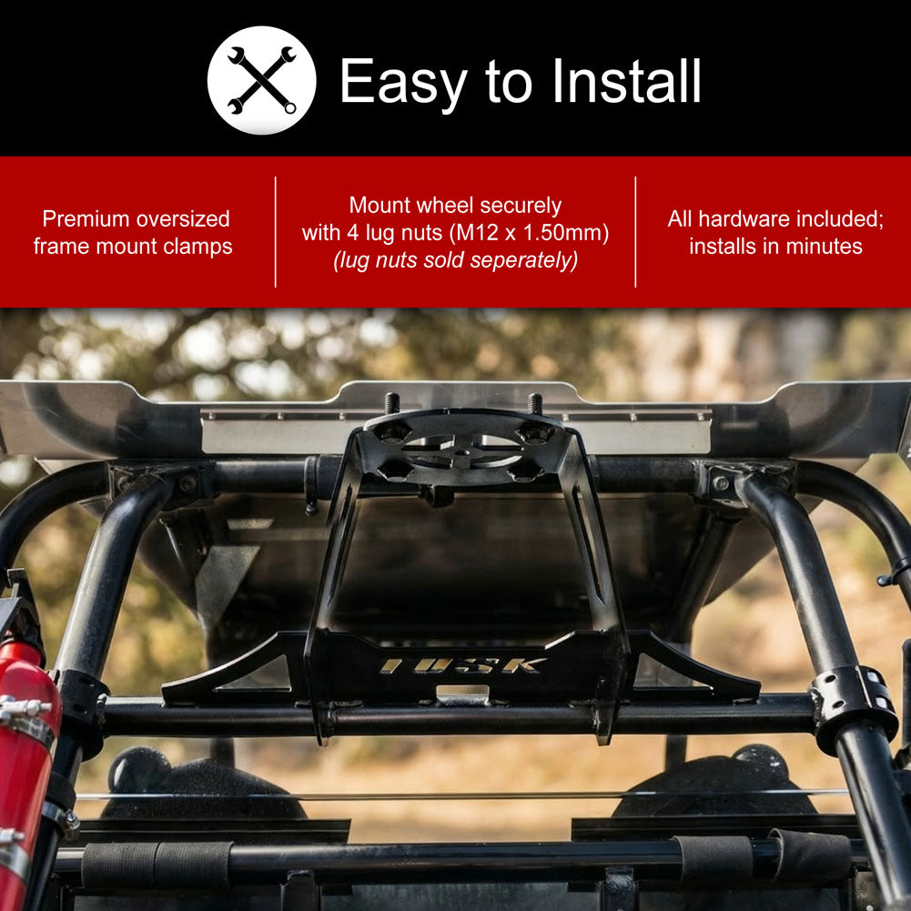 Black metal frame mount clamp installed on a vehicle roll bar, with a red and black informational banner at the top reading 'Easy to Install' and text about mounting lug nuts.