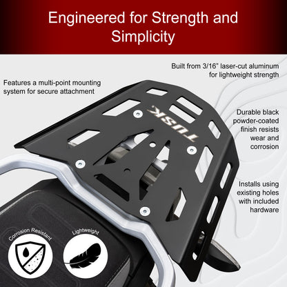 A black TUSK motorcycle saddle rack shown on a motorcycle seat, with marketing text highlighting strength, simplicity, laser-cut aluminum construction, powder-coated finish, and mounting hardware.