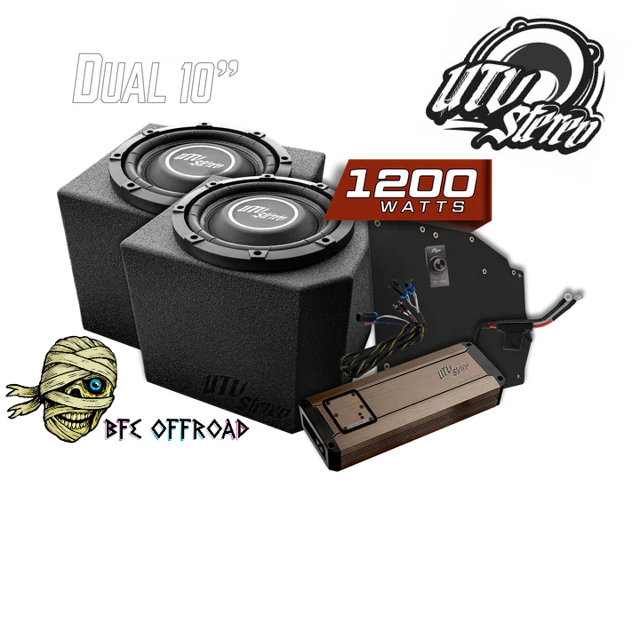 Car audio system with subwoofers and amplifier on a white background, featuring UTV Audio branding.