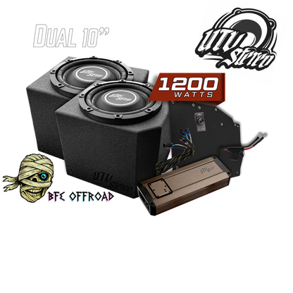 Car audio system with subwoofers and amplifier on a white background, featuring UTV Audio branding.