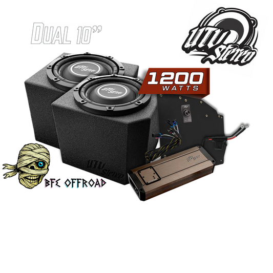 Car audio system with subwoofers and amplifier on a white background, featuring UTV Audio branding.