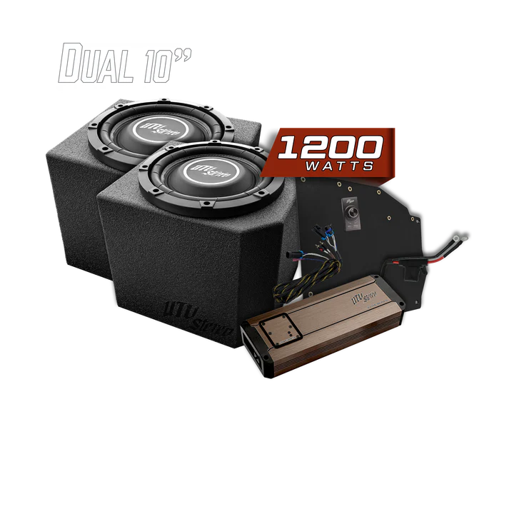 Car subwoofer system with dual 10-inch speakers and amplifier on a white background