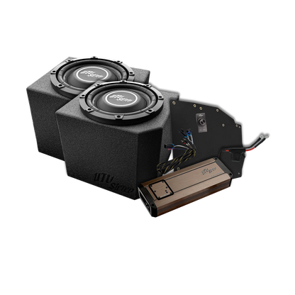 Car audio subwoofer enclosure with two subwoofers and an amplifier on a white background