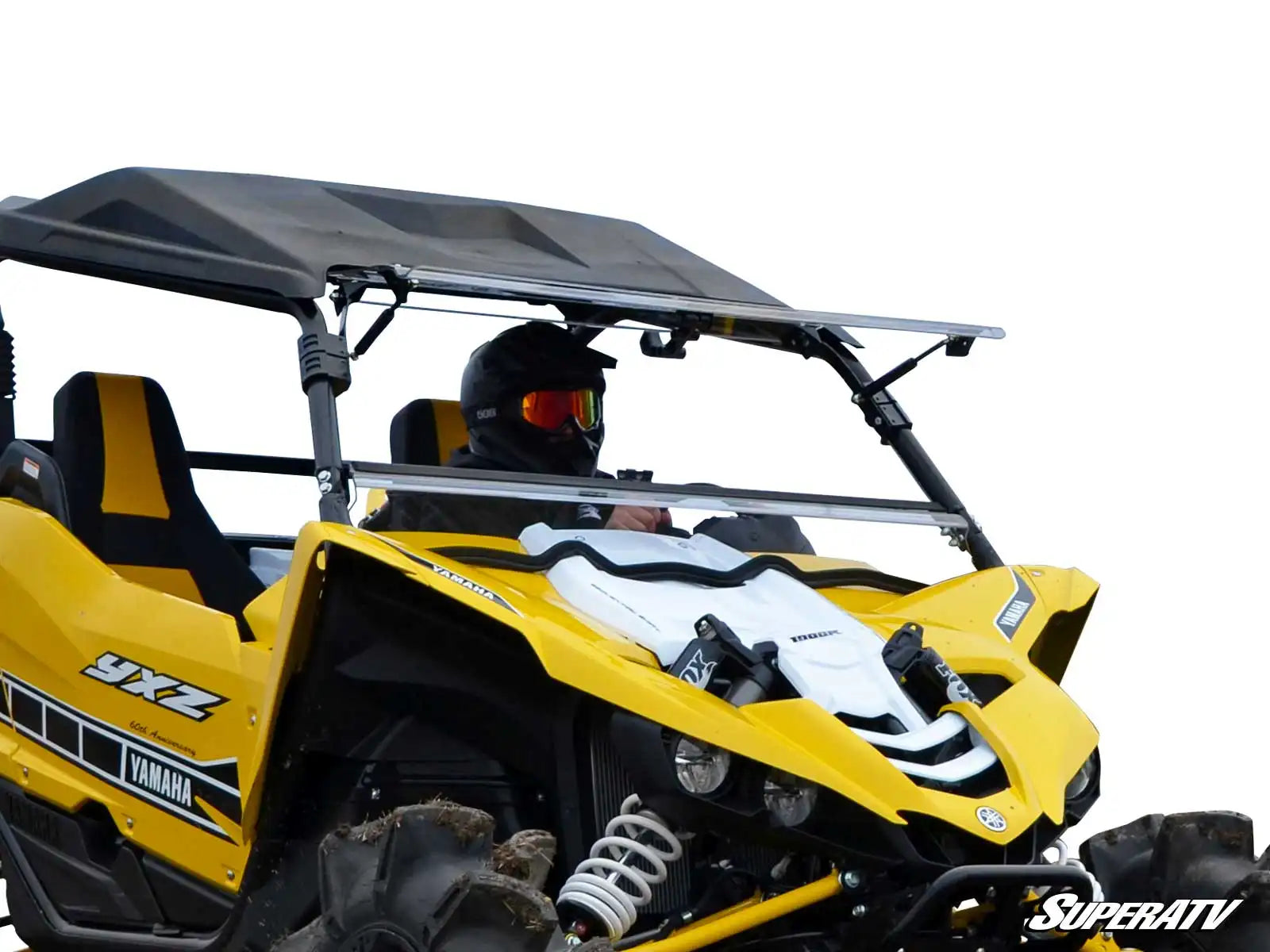 SuperATV Heavy Duty Scratch Resistant Flip Full Windshield for Yamaha YXZ (2016-2018) Open view